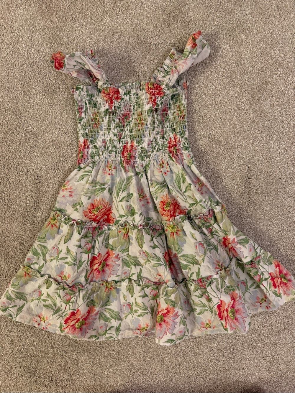 Hill House Girls Floral Smocked Tiered Dress - White, Red & Green